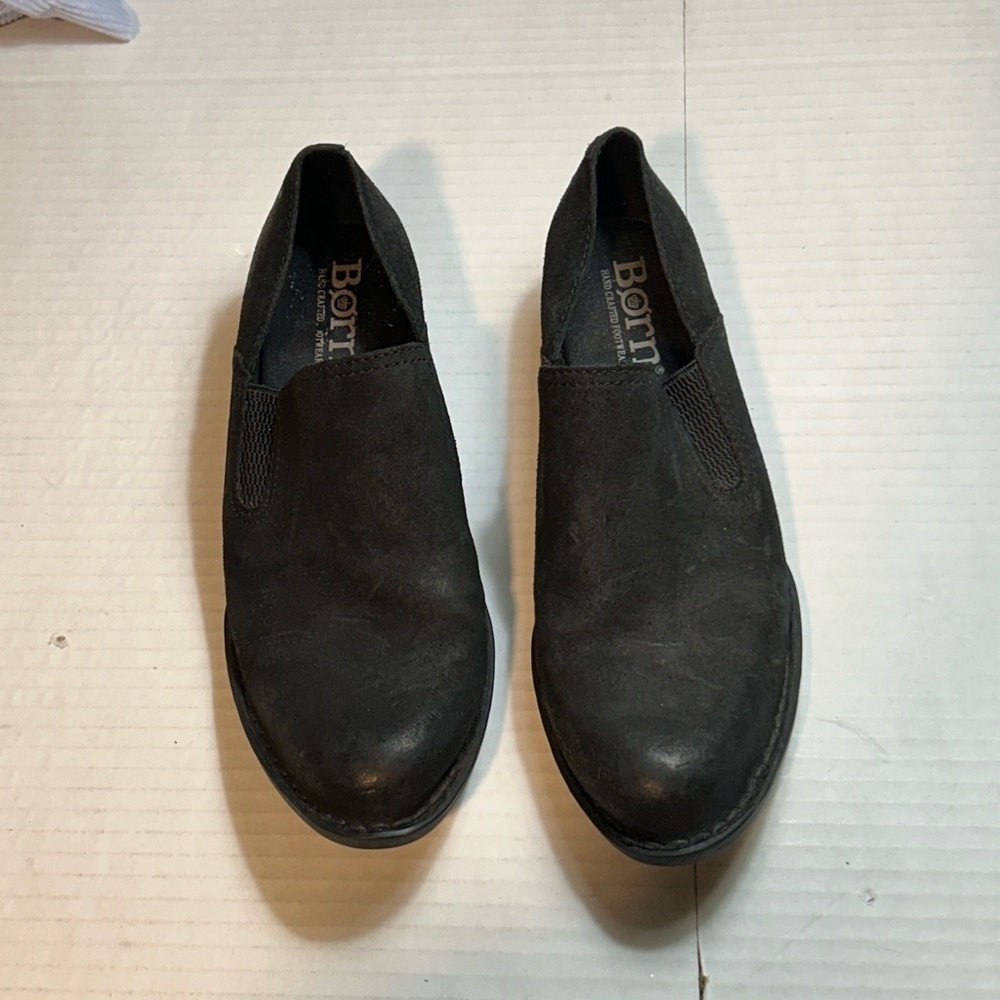 BORN WOMENS BLACK LEATHER ELLANZO SLIP ON LOW HEEL LOAFERS SZ 8